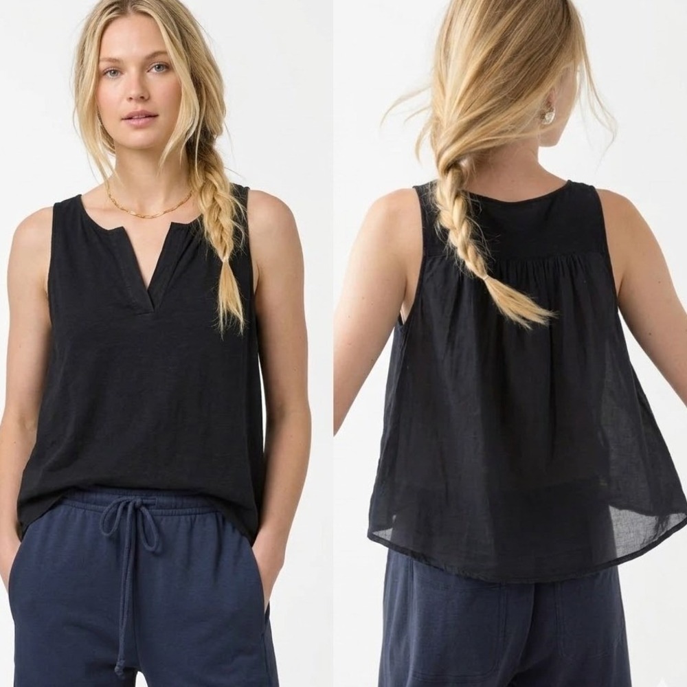 Lilla P Pleat Back Split Neck Tank Top Black Mixed Media Woven Knit Sleeveless M